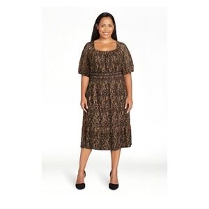 Terra & Sky Smocked Dress Womens 4X Square Neck Brush Marks‎ Brown Latte NWT